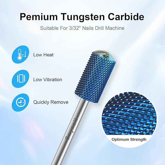 3/32" Large Barrel Smooth Round Top Tungsten Carbide Nail Drill Bit Safety Bit for Gel & Acrylic Removal, 2-Way Rotating Efile Tip, Salon Electric File Accessory (F Grit, Blue)