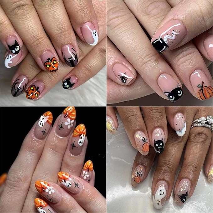 3 Sheets Goth Nail Stickers 5D Embossed Halloween Ghost Nail Art Stickers Cute Cat Pumpkin with Spider Bat Design Sticker Gold Spider Web Nail Decals Nail Art Supplies for Women Acrylic Nail DIY