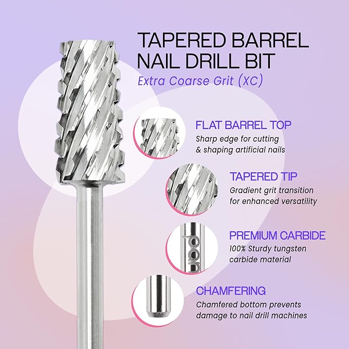 PANA Tapered Barrel Carbide 3/32" Shank Size - (Silver, Extra Coarse Grit) - Fast remove Acrylic or Hard Gel Nail Drill Bit for Manicure Pedicure Salon Professional or Beginner