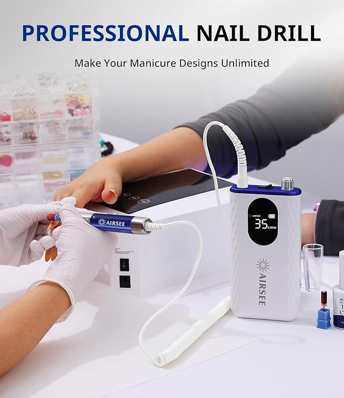 AIRSEE 35000 RPM Professional Electric Rechargeable Nail Drill File Machine for Acrylic Extension Gel Dip Powder Powerful Cordless Portable Efile 56 Sanding Bands 7 Bits LCD Scrn Salon Manicure Use G7