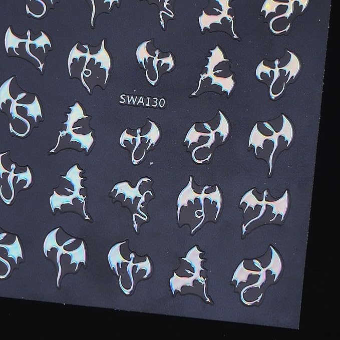 Halloween Nail Stickers 3D Metallic Dragon Nail Art Stickers 6PCS Laser Silver Gold Bronzing Fly Devil Bat Halloween Theme Design Self-Adhesive Nail Decals Accessories for Holiday Nail Art Decorations