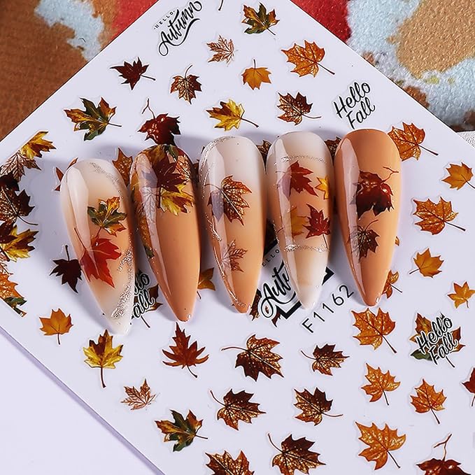 8 Sheets Thanksgiving Nail Art Stickers Decals Fall Maple Leaf Nails Decals Self-Adhesive Autumn Maple Leaves Nails Stickers for Nail Art Pumpkin Decals