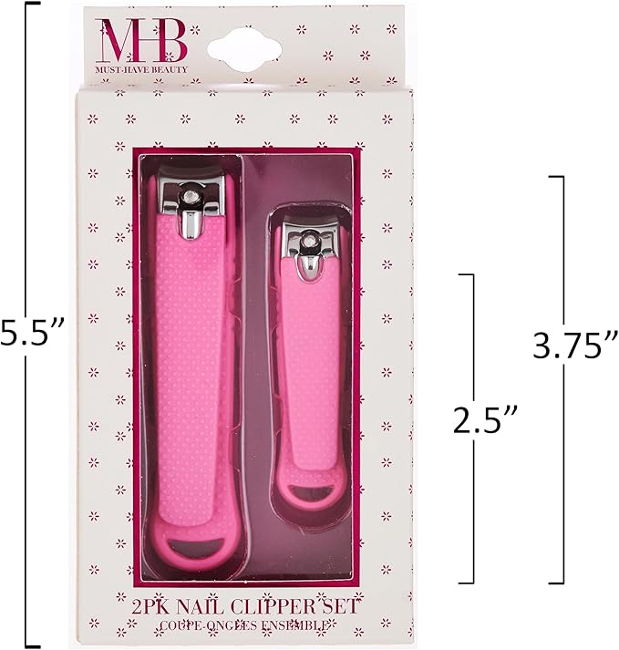 2pc Nail Clipper Set - Big & Small Precision Nail Clippers Value Pack, Water-Resistant Pink Nail Clippers with Comfortable Silicone Grip (Fuchsia)