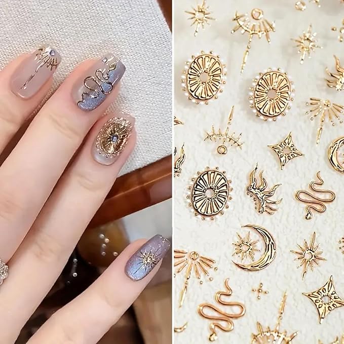 2 Sheets Gold Boho Nail Stickers for Nail Art Gold Star Moon Sun Snake Nail Decals 5D Embossed Nail Art Decals Self-Adhesive Stickers for DIY Nails Art Decoration