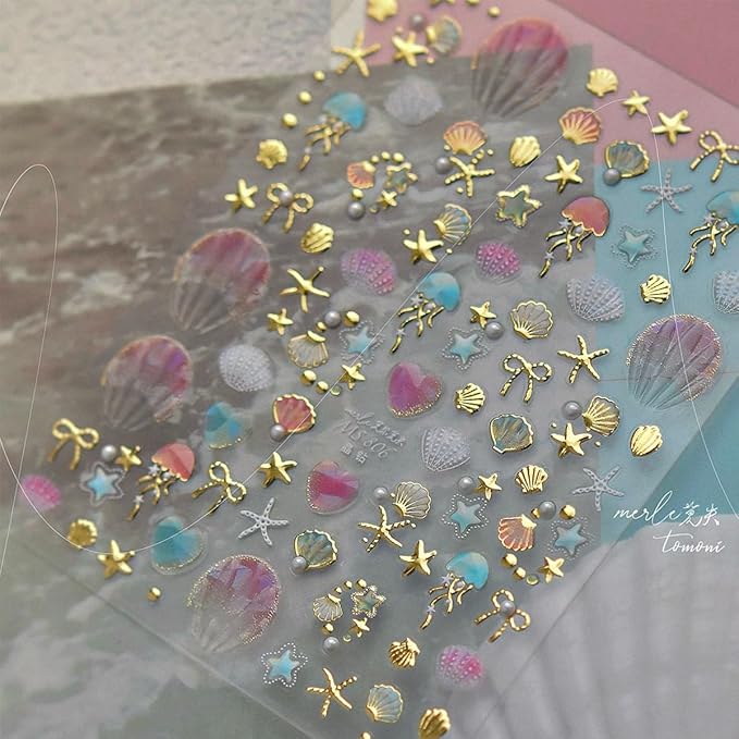 1 Sheets Summer Beach Nail Stickers for Nail Art 5D Embossed Nail Decals Shiny Silver Star Bow Seashell Starfish Design Ocean Theme Nail Art Stickers Summer Nails Sticker for Women Manicure Decoration
