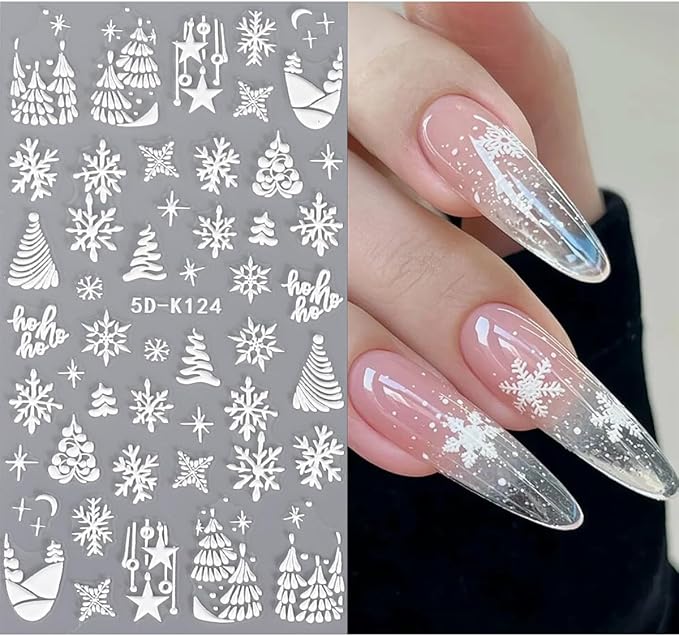 JMEOWIO 3D Embossed Christmas Snowflake Holiday Nail Art Stickers Decals Self-Adhesive 5D Nail Supplies Nail Art Design Decoration Accessories 3 Sheets
