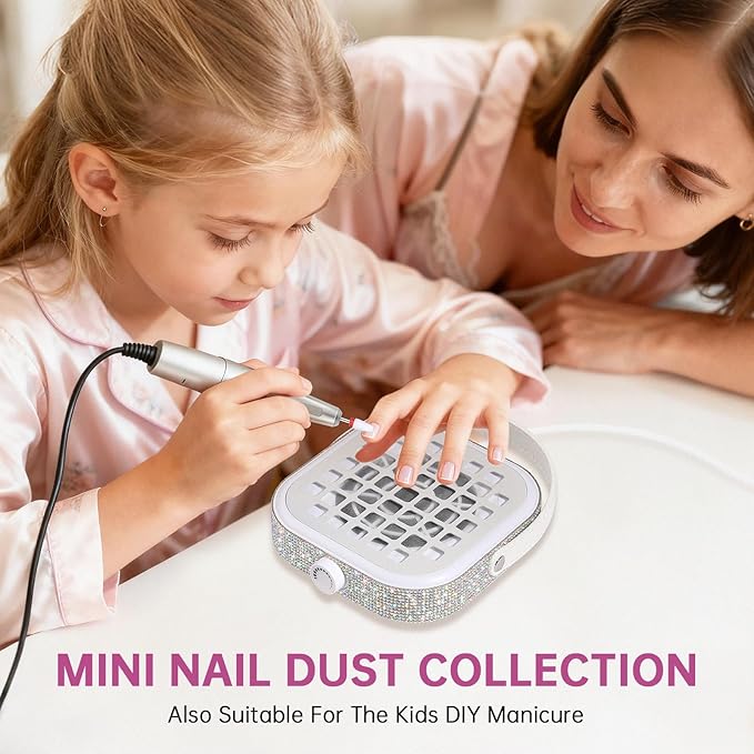Nail Dust Collector, Mini Bling Crystal Diamond Compact 6000RPM Powerful Vacuum Fan Vent Dust Collector Extractor Dust Suction Machine for Acrylic Nails Polishing, Fast Charging