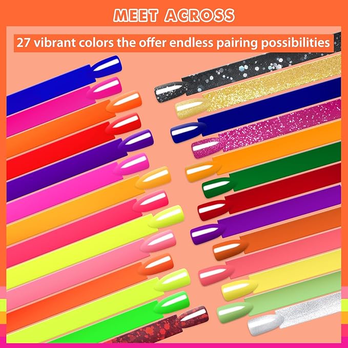MEET ACROSS 30pcs Gel Nail Polish Set,Soak Off UV LED Lamp Gel Nail Polish Kit,Fashion Shimmer Nail Art Design Gifts for Women Manicure Salon (Neon)