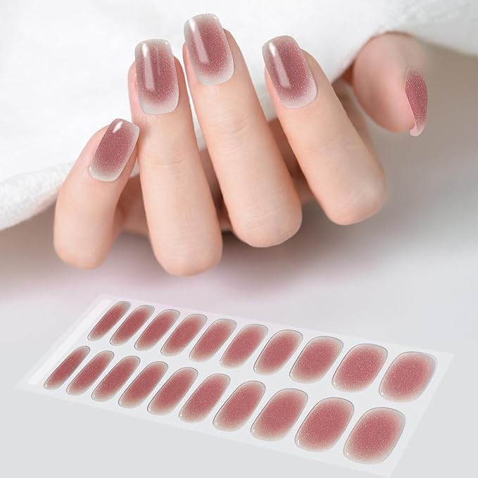WOKOTO 1 Sheet Semi Cured Gel Nail Strips With Wood Stick, Nail File & Prepared Pads, 20 Tips Shimmery Pink Ombre Semi Cured Nail Polish Strips Stickers, Harden With UV Light Gel Nail Stickers Wraps