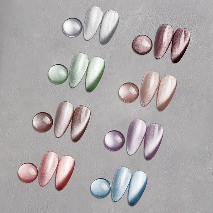 MIZHSE Cat Eye Gel Nail Polish, 8 Colors Moonlight Magnetic Gel Polish Set with Magnet Stick, Glassy Effect Crystal Holographic Silver Brown Green Purple Fall Colors Soak Off Nail Art Gift for Women