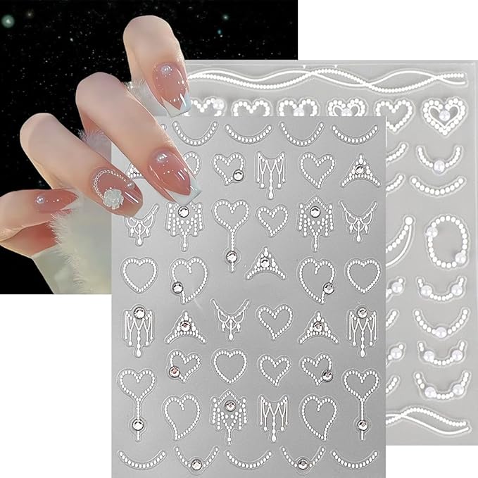 2 Sheets 5D Embossed Nail Art Stickers for French Line Design Silver White Glitter Pearl Rhinestones Nail Decals Heart Waves Nail Design Stickers Grace Cute Nail Decor for Women Manicure Supplies