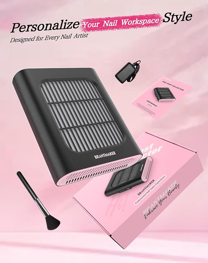Nail Dust Collector, Dust Collector nail tech with Brush and Reusable Filter, 2 Modes Profesional Nail Vacuum, Fan Vent Nail Dust Extractor (Black& Pink)
