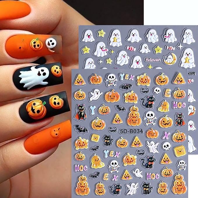 3 Sheets Halloween Nail Stickers for Nail Art 5D Embossed Skull Spider Web Bat Cute Ghost Pumpkin Nail Art Stickers Self Adhesive Star Moon Nail Design Holiday Nail Decals for Acrylic Nails Decor