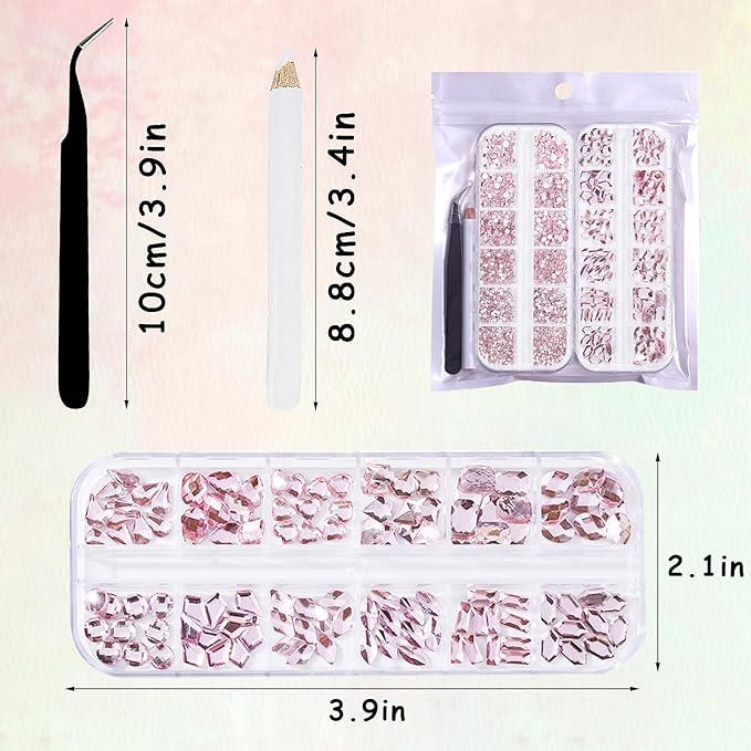 HOINCO 3120 Light Pink Diamond Rhinestones, Crystal AB Flat Bottom Gemstones for Nail Art DIY Craft Decoration With Crayon Tweezers - 3D Mixed Size
