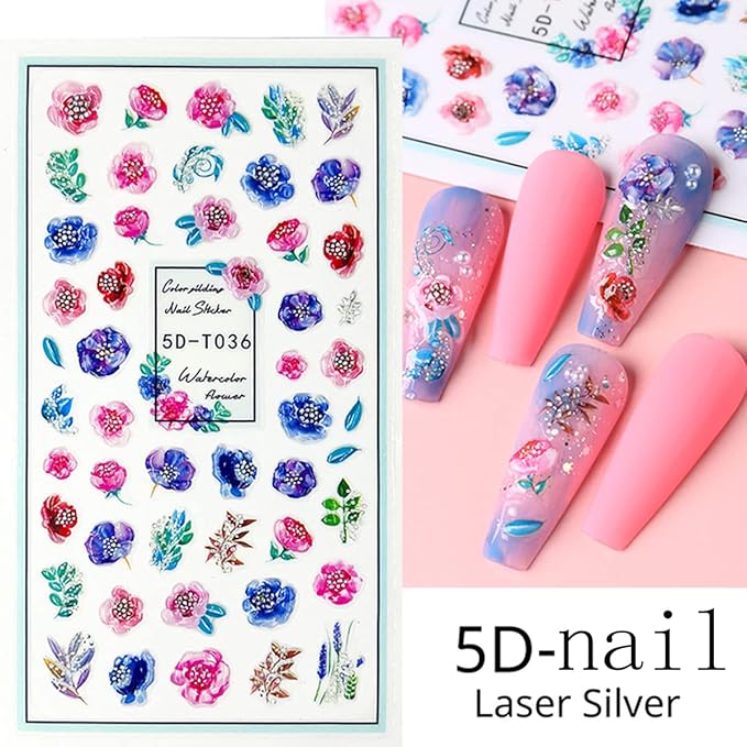 4 Sheets Flower Nail Art Stickers 5D Embossed Nail Decals Flowers Petals Leaf Nail Design Spring Sticker Geometry Engraved Floral Adhesive Foils Summer Leave Butterfly For Nail Art Manicure Decoration