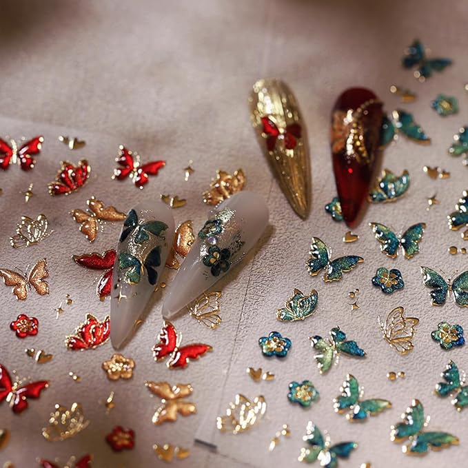 Butterfly Nail Art Stickers Decals 5D Embossed Butterfly Nail Decals Green Butterfly Gold Heart Star Nail Stickers Self Adhesive Nail Decals Cute Butterfly Nail Stickers for Women Manicure Nails Art