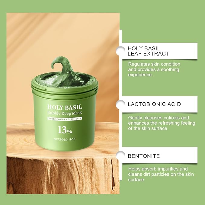 Holy Basil Bubble Deep Mask β Holy Basil & Carbonated Water for Cleansing Pores & Blackheads, Korean Clay to Bubble Wash-Off Pack (90g / 3.17 oz)