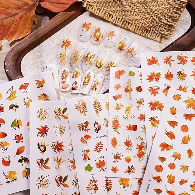 6 Sheets Fall Nail Art Stickers Autumn Maple Leaf Nail Stickers Thanksgiving Pumpkins Maple Leafs Nail Decorations Self-Adhesive 3D Gold Line Nail Design Sticker for Women DIY Manicure Supplies