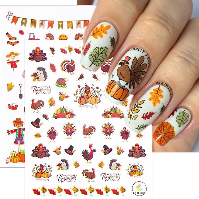 8 Sheets Fall Nail Stickers for Nail Art 3D Self-Adhesive Exquisite Maple Leaf Pumpkin Nail Decals Cute Fox Turkey Nail Design Stickers Thanksgiving Holiday Nails Art Supply for Women Acrylic Manicure