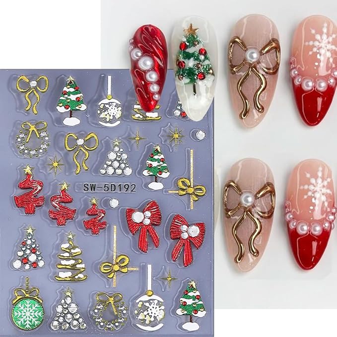 Christmas Nail Stickers 5D Bow Christmas Tree Lantern Ball Nail Art Stickers Winter Embossed Nail Decals Self-Adhesive Xmas Heart Elk Design Sticker Holiday Nail Art Decoration for Women Manicure 3Pcs