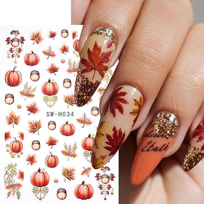 Pumpkin Nail Art Stickers Fall Maple Leaf Nail Decals 6 Sheets 3D Self-Adhesive Maple Leaves Pumpkin Nail Design Nail Art Supplies Fall Stickers for Nails Women DIY Manicure Decorations Accessories