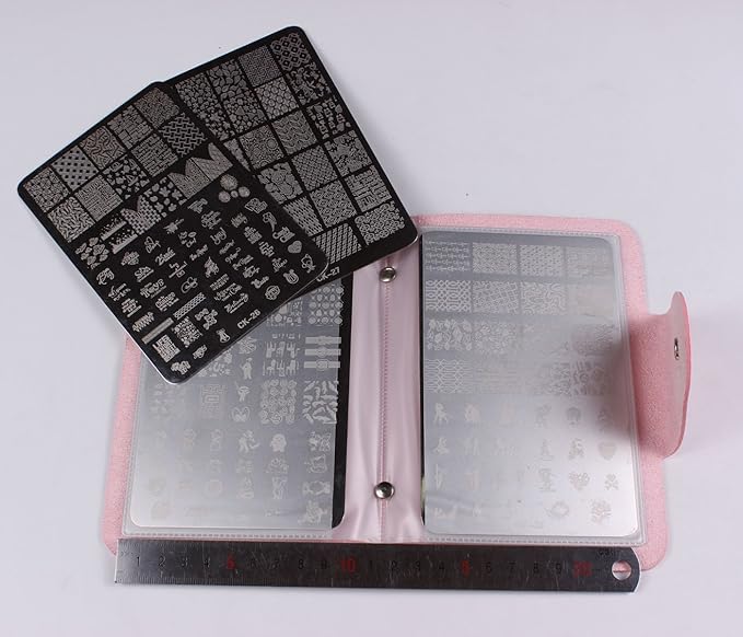 4PCS XL Stamping Nail Art Plates with 1stamper,1scraper and 1 Pcs Pink Stamping Plate Organizer