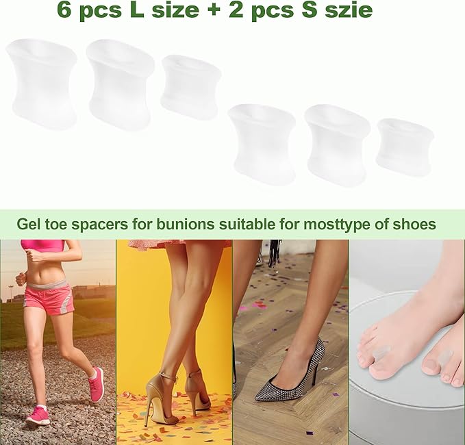 FOYOLO Gel Toe Separators and Flared Bunion Spacers 8PCS Temporary Bunion Corrector,Toes Splint Gel Toe Spacers for Overlapping Toe and Curled Toes,Stay in Place-(2 Small & 6 Large Size-Clear)
