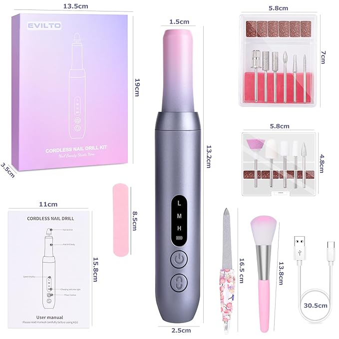 Electric Nail Files Cordless, Professional Nail Drill LCD Display with 12 Bits 30000RPM Rechargeable Manicure Pedicure EFile for Gel Nail Polish Acrylic Nails Thick Toenails Removal, Grey Pink