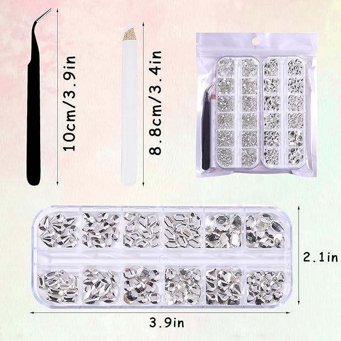 3120 White Diamond Nail Rhinestones, HOINCO Crystal Nail Rhinestones, 3D Mixed Size Crystal AB Flat Bottom Gemstone for Nail Art DIY Craft Decoration with Crayon Tweezers
