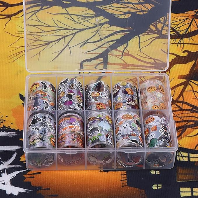 ONPRESS 10 Rolls Halloween Transfer Stickers Pumpkin Spider Vampires Devil Designs Nail Foil Set Fall Black Cat Tombstone Bat Nail Decals for DIY Nail Decoration DIY Adhesive Transfer Wraps Paper