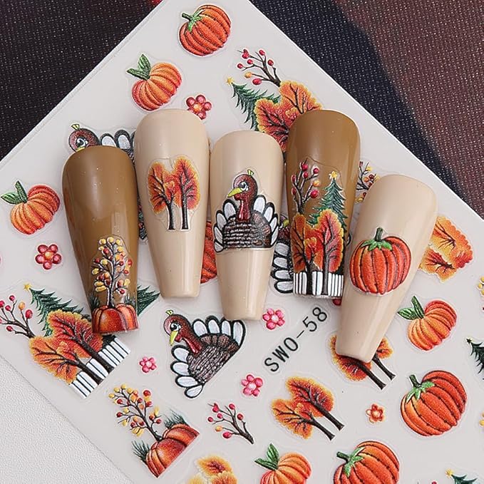 3D Fall Nail Stickers for Nail Art Thanksgiving Pumpkin Nail Art Stickers Maple Leaf Tree Nail Decals Autumn DIY Self Adhesive Nail Design Supplies Nail Decoration for Women Manicure Accessories 4Pcs