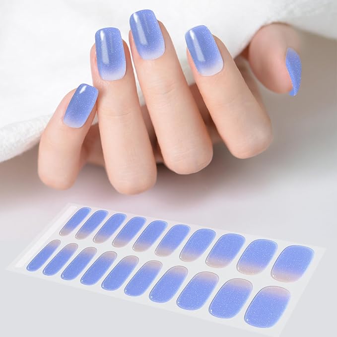 WOKOTO 1 Sheet Semi Cured Gel Nail Strips With Wood Stick, Nail File & Prepared Pads, 20 Tips Blue Gradient Glitter Semi Cured Nail Polish Strips, Harden With UV Light Gel Nail Stickers Wraps