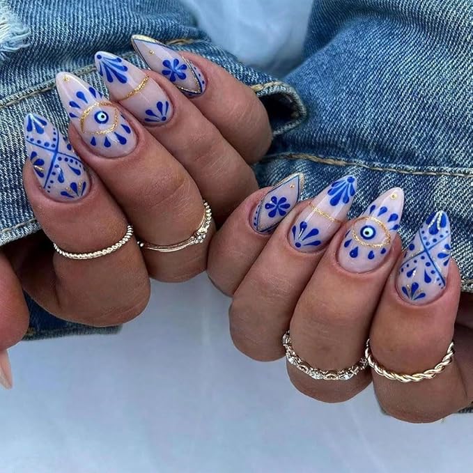 Bohemian Nail Art Stickers, Gold Silver Blue Floral Designs, Self-Adhesive 3D Decorative Decals for Women, Summer Nail Decoration, 6 Sheets