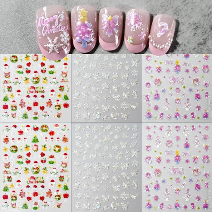 Christmas Nail Art Stickers 3D Cute Santa Claus Nail Stickers Pink White Snowmen Snowflake Nail Design Sticker Self-Adhesive Winter Christmas Tree Nails Decals for Women DIY Nails Supplies 6 Sheets