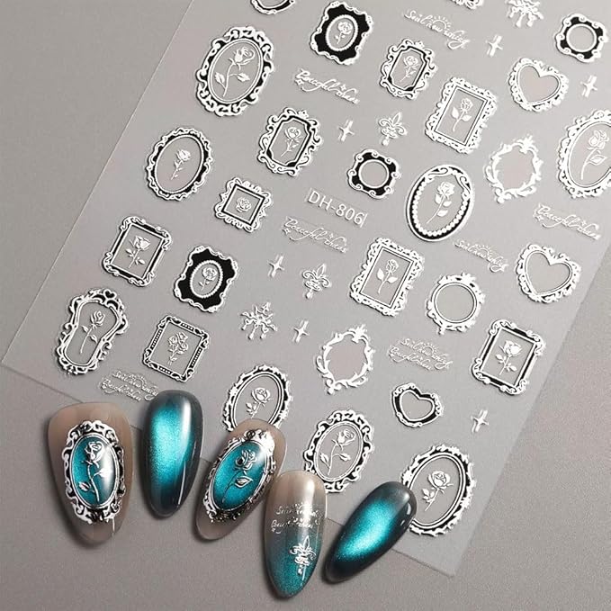4 Sheets Vintage Nail Stickers for Women, 5D Embossed Frame Nail Decals for Designe Nail Art Supplies Manicure Decoration Accessories
