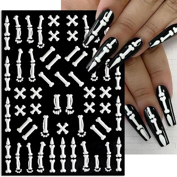 5D Halloween Nail Stickers Embossed Skeleton Spider Web Nail Decals Spooky DIY Self Adhesive Cobweb Nail Design Halloween Nail Decoration Supplies Holiday Manicure Accessories for Women Girls 3Pcs