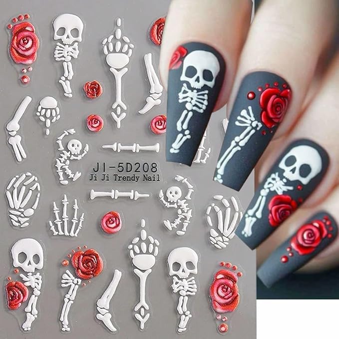 Halloween Nail Art Stickers Decals Rose Skull Skeleton Halloween Nail Design 5D Embossed Nail Decals Nail Art Supplies 2PCS Fantasy Bone Skeleton Holiday Stickers for Women DIY Manicure Decorations