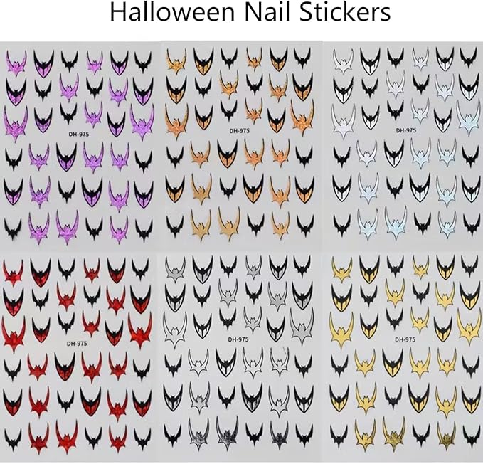 Halloween Nail Art Stickers 3D Bat Nail Stickers Colorful Bat Nail Art Decals Self-Adhesive Nail Decals Horror Nails Design Supplies Laser Gold Silver Red Purple Bats Nails Decorations Accessories