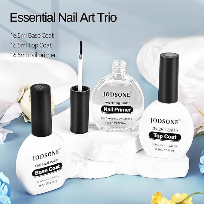 JODSONE 3Pcs 16.5ml Top Coat and Base Coat Set with Nail Primer No Wipe Top Coat Base Need U V Lamp Cured Nail Primer for Helping Nail Polish Adhere Better to Natural Nail
