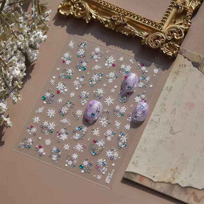 2 Sheets Christmas Nail Art Stickers Snowflake Nail Decals with Rhinestone Silver Gold Snowflake Christmas Nails Design Adhesive Stickers Nail Art Supplies for Women Holiday DIY Nail Art