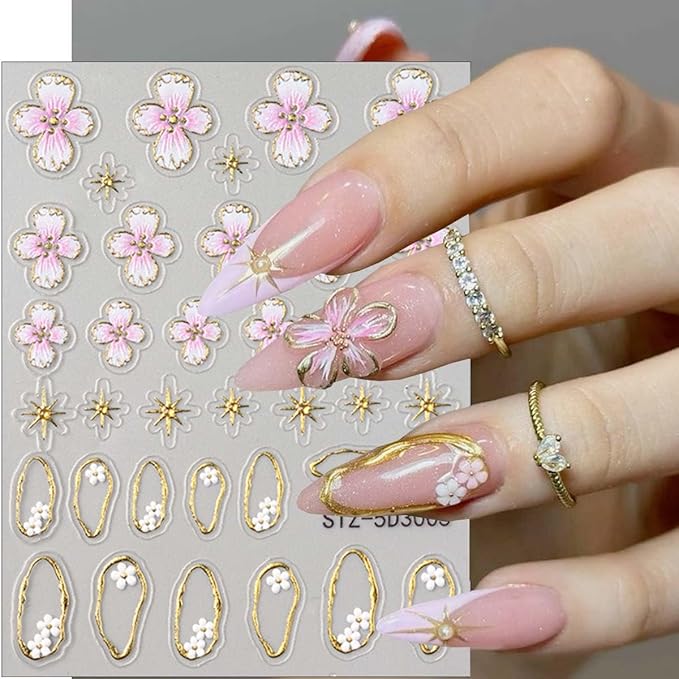 Flower Nail Stickers 5D Embossed Cherry Blossom Nail Decals Pink Floral Gold Star French Nails Art Stickers Cute Nails Supplies Spring Flower Manicure Decoration Accessories Charms for Women Girl 4Pcs