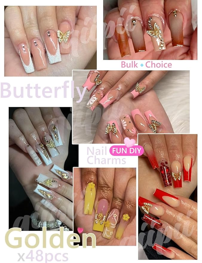 Golden Butterfly Nail Charms Bulk 48pcs 3D Gold Butterflies Charms for Acrylic Nails, Nail Rhinestones Charms Alloy Studs Nail Art Jewels Diamonds Gems Decor Supplies for Nails Face Makeup DIY