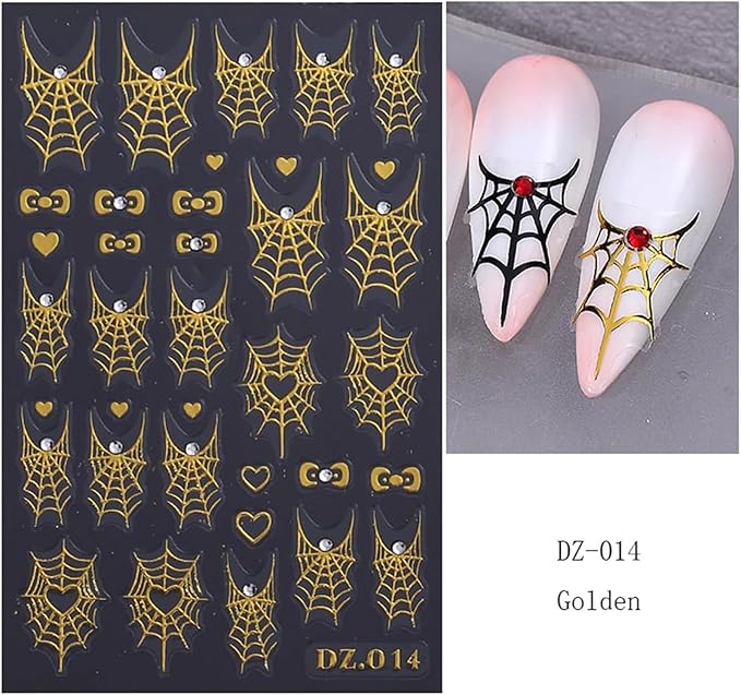 Halloween Nail Art Stickers Decals 4PCS Golden Spider Web Spider Nail Decals with Rhinestone White Red Crystal Spider Web Spider Nail Stickers Bow Heart Halloween Nail Art Supplies for Women Manicure
