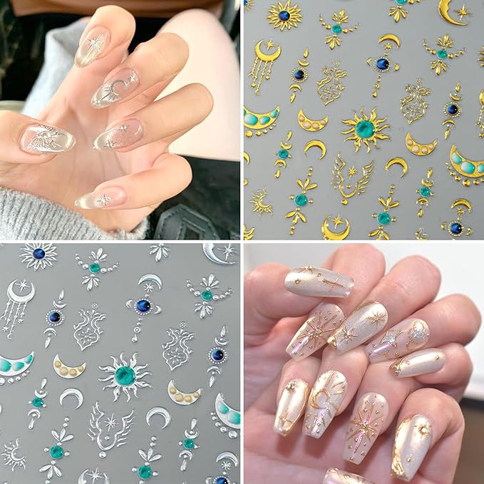 2Sheets Gold Silver Star Moon Nail Art Stickers 3D Gold Silver Sun Nail Decals with Blue Green Rhinestone Designs Nail Stickers for Acrylic Nails Self-Adhesive Gem Sun Nail Decal for Women Nails Decor