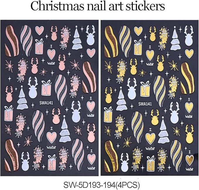 4 Sheets Christmas Nail Stickers for Nail Art WLGDLH 3D Self Adhesive Gold Pink Nail Art Stickers Snowflake Gift Nail Decals Xmas Elk Deer Nail Supplies for Women DIY Christmas Decorations