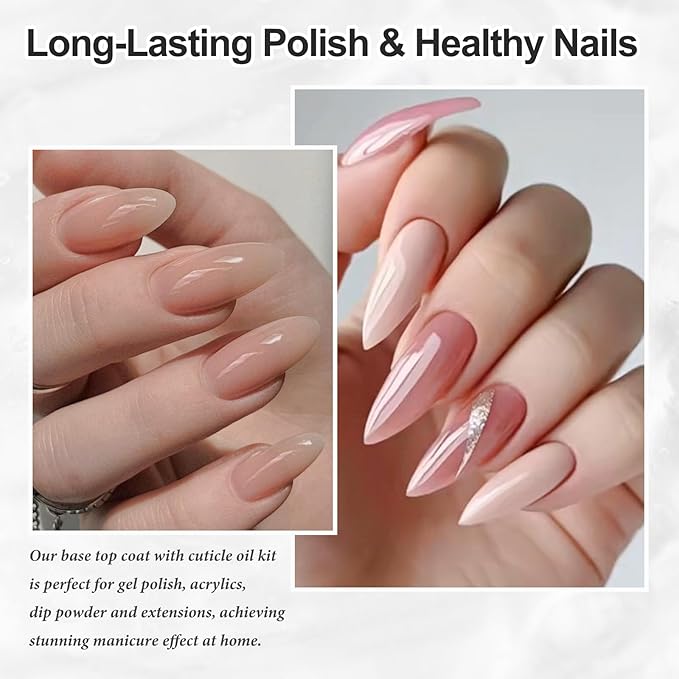 3Pcs 15ml Base Top Coat Set with Cuticle Oil Soak-Off UV Cured Glossy Top Gel Base Coat No Wipe Combination Fast Air Dry Nail Care Nutritive Oil for Manicure Pedicure Nail Supplies