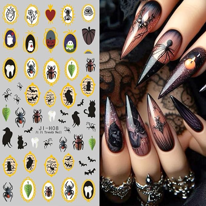 2Sheets Halloween Nail Art Stickers 3D Ghost Spider Nail Decals with Gold Edge Designs Nail Stickers Self Adhesive Bat Heart Nail Decal Black Cat Crow Nail Sticker for Women DIY Nails Decor Supplies