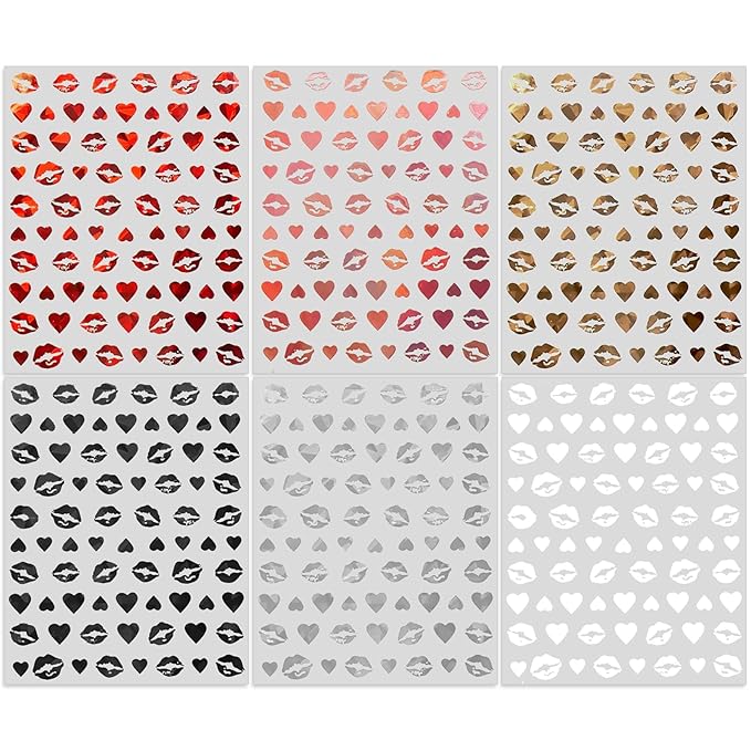 Valentine's Day Nail Art Stickers - Sexy Lip Nail Decals, Self-Adhesive 6 Color Black White Red Pink Kiss Heart for DIY 3D Nail Supplies Decoration (6 Sheets)