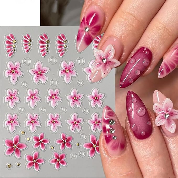 6 Sheets Flower Nail Art Stickers, 5D Embossed Hawaiian Floral Nail Decals 3D Self-Adhesive Hibiscus Tropical Floral Summer Spring Stickers for Women Girls DIY Manicure Decorations
