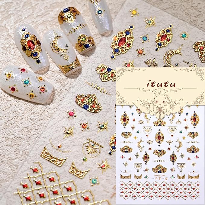 Gold Nail Stickers for Nail Art Self-Adhesive Bohemia Totem Vintage Luxury Nails Design 5D Nail Art Stickers Gold Colorful Diamond Nail Decals for Women Nail Supplies Accessories 1Sheets